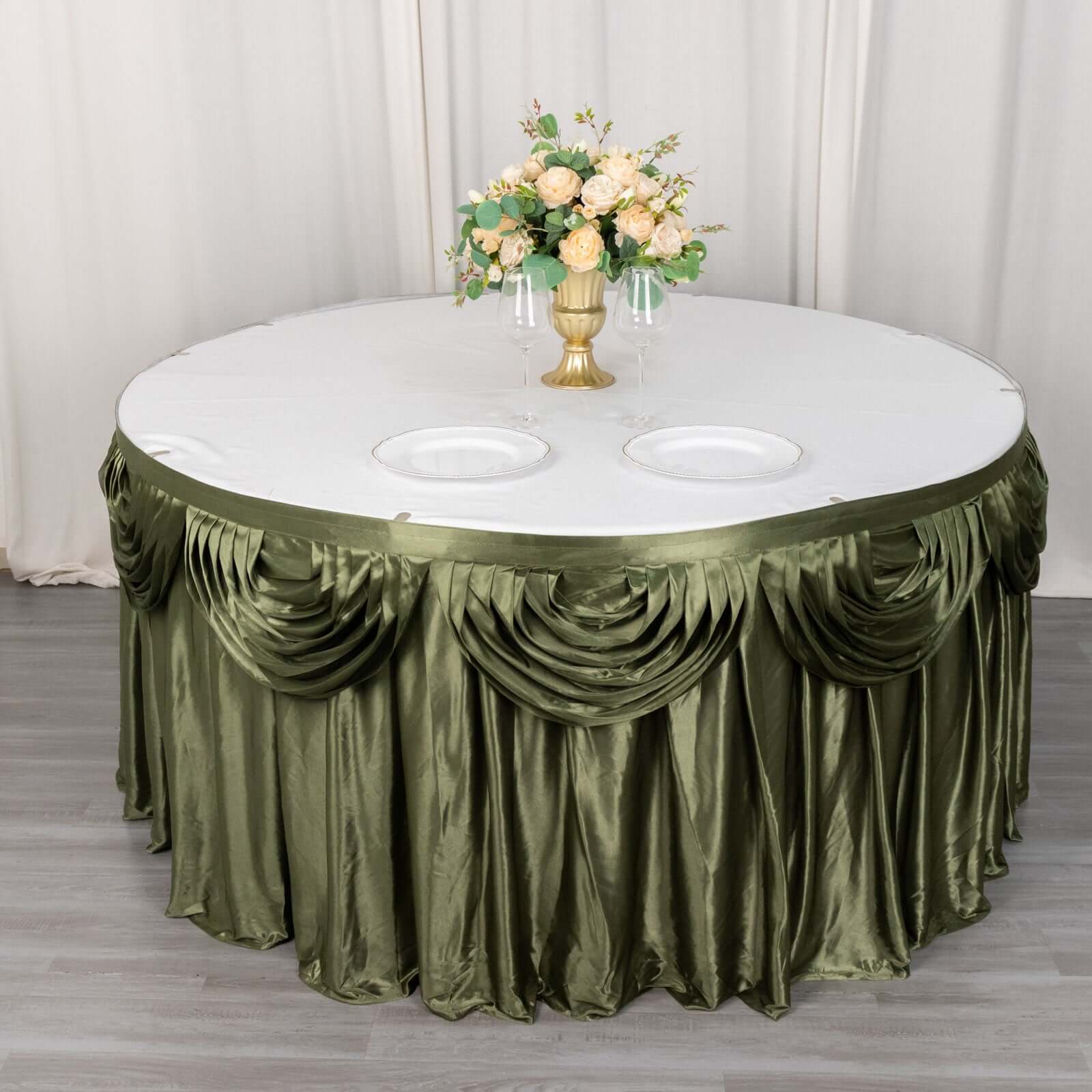 Satin 14ft Table Skirt Dusty Sage Green - Pleated Double Drape Table Cover