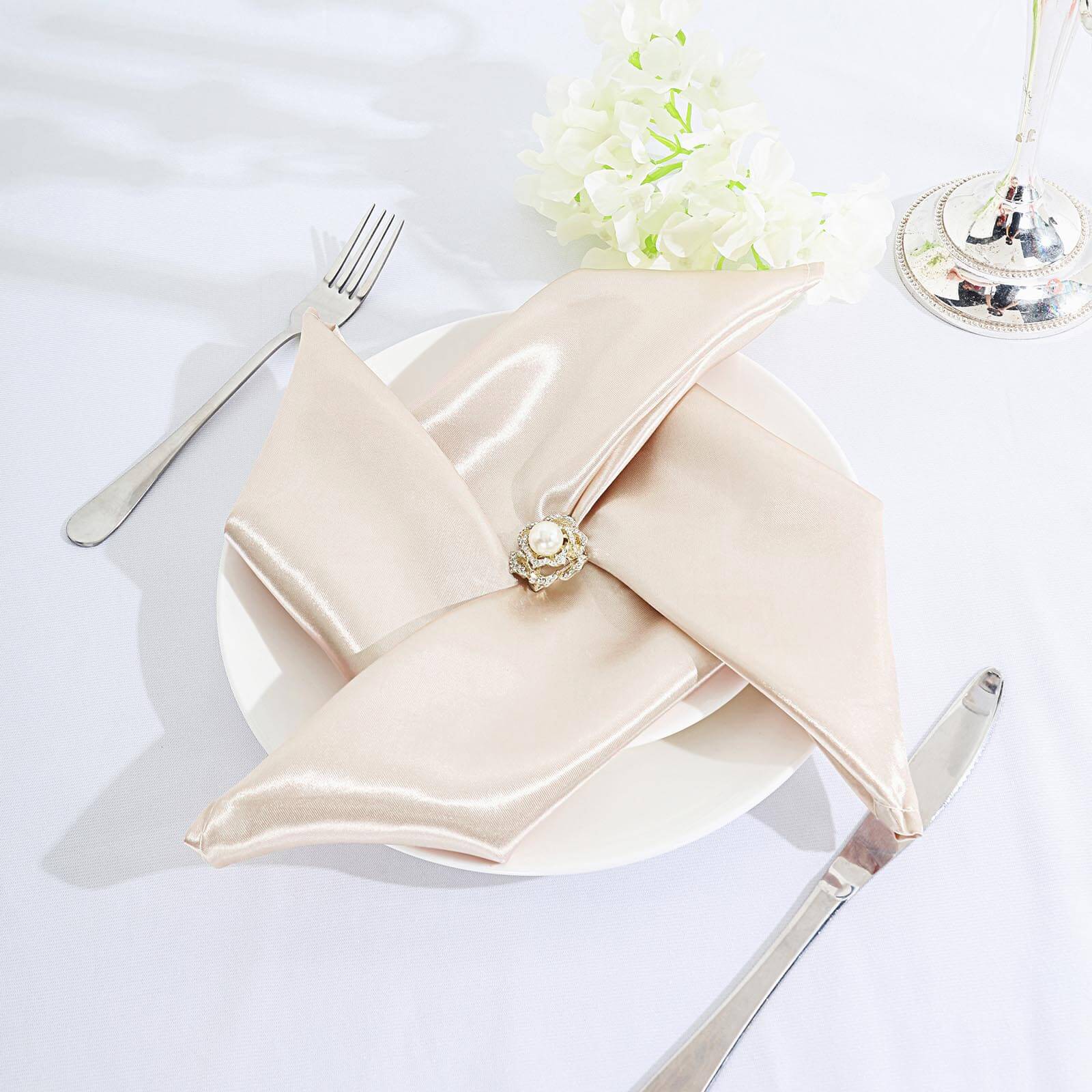 5 Pack Satin 20"x20" Napkins Beige - Luxurious Shine & Smooth Dinner Napkins