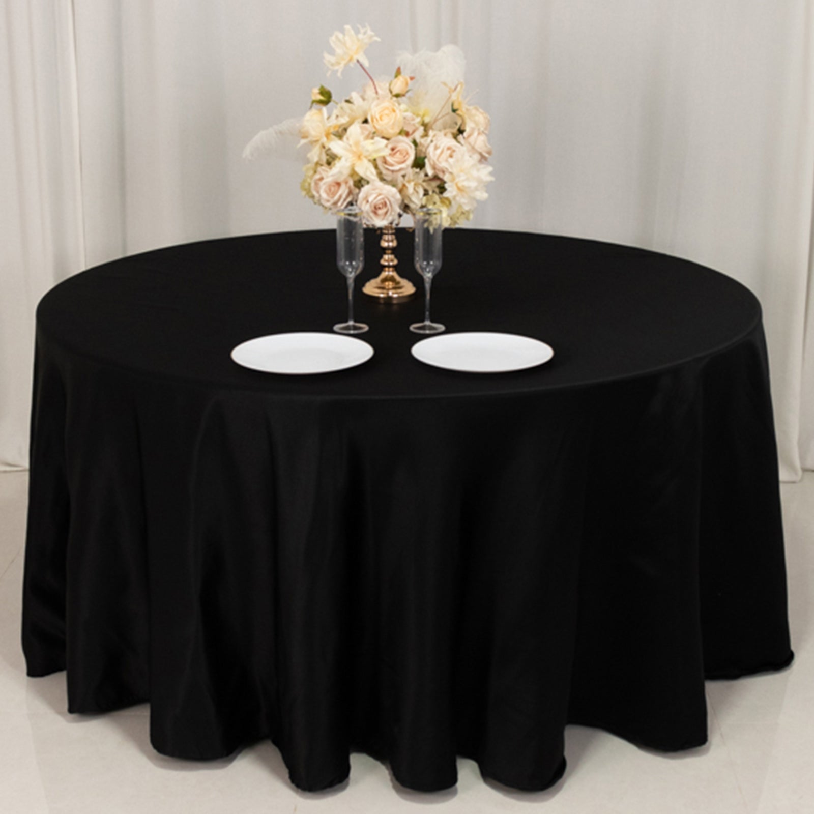 Lamour Satin 120" Round Tablecloth Black - Seamless Table Cover with Soft Tempered Sheen for Upscale Gatherings