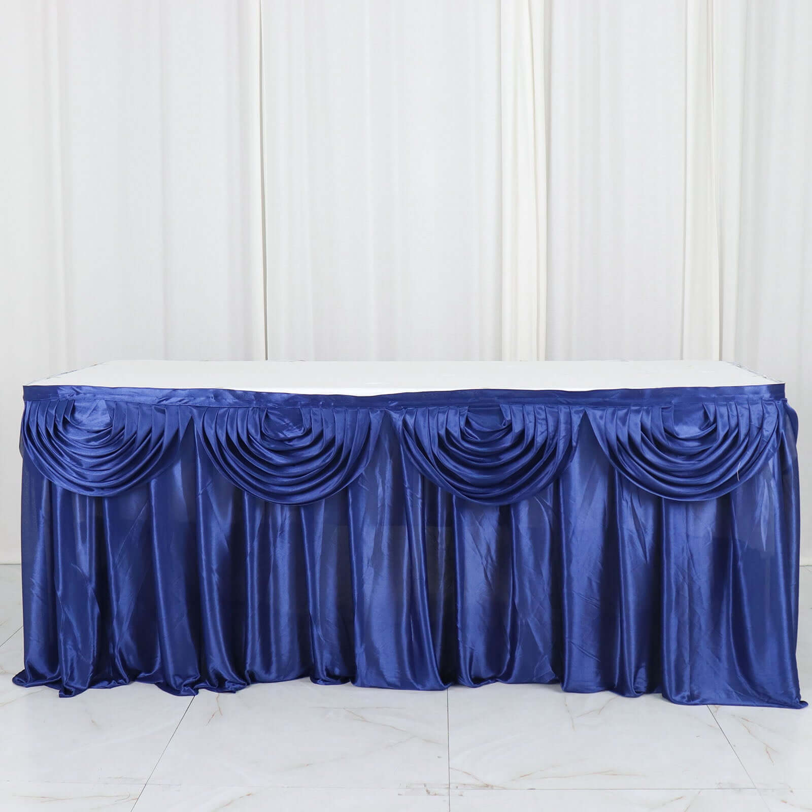Satin 14ft Table Skirt Navy Blue - Pleated Double Drape Table Cover