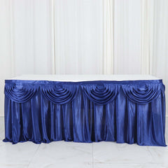 Satin 14ft Table Skirt Navy Blue - Pleated Double Drape Table Cover