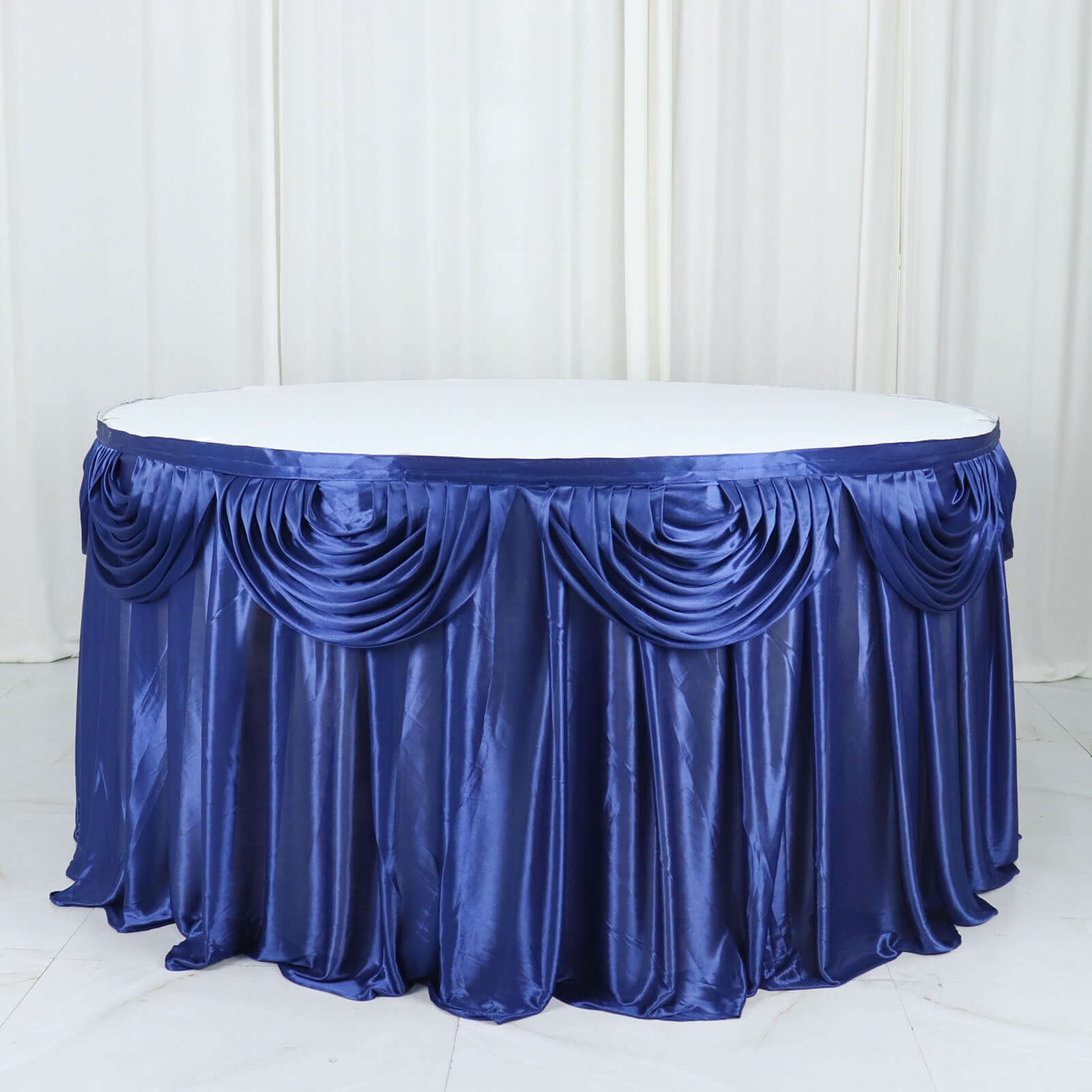 Satin 14ft Table Skirt Navy Blue - Pleated Double Drape Table Cover