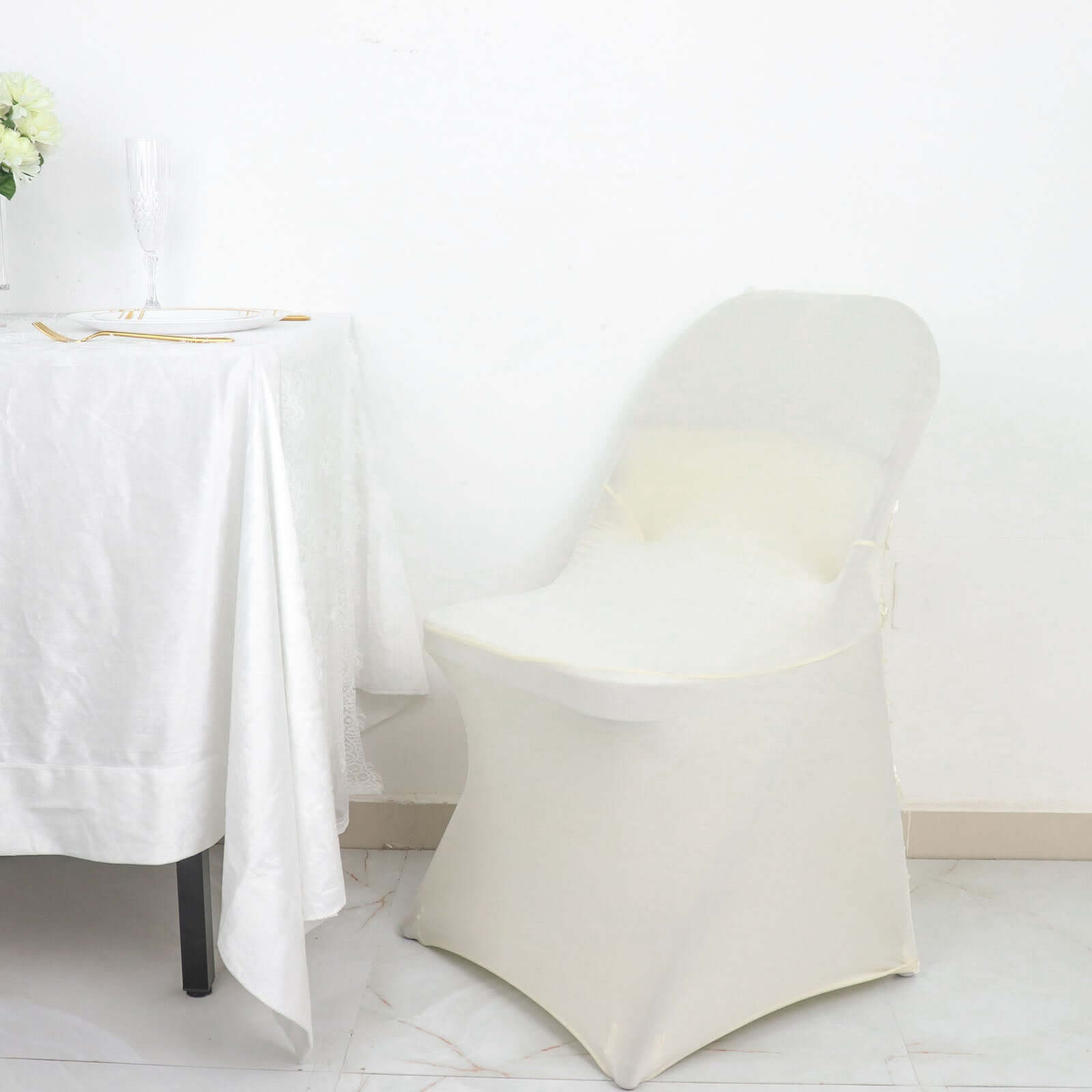 Spandex Chair Cover Ivory for Folding Chairs - Durable Stretch Fitted Slipcover with Satin Rosette Design