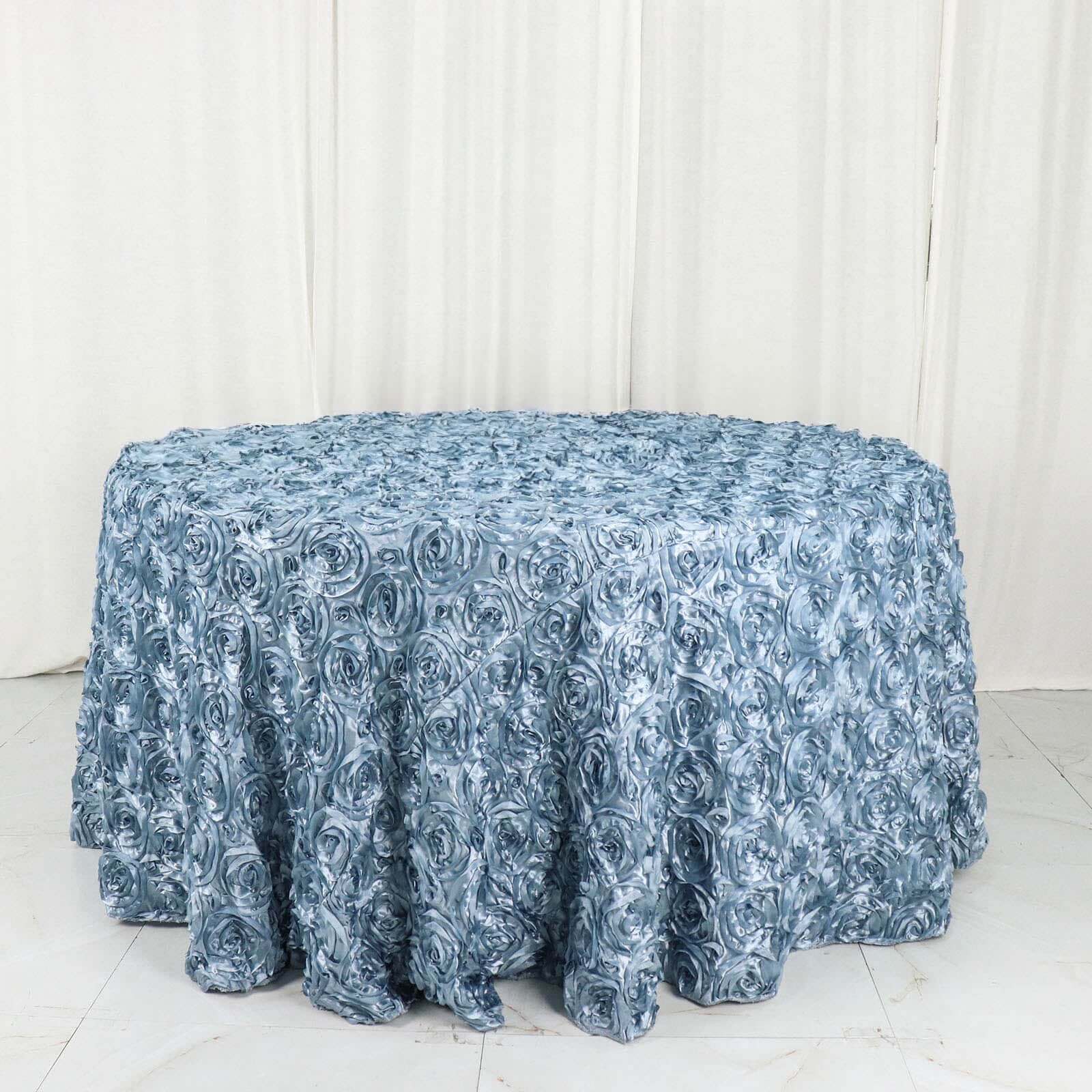 Satin 120" Round Tablecloth Dusty Blue - Grandiose 3D Rosette with Seamless Finish Table Cover