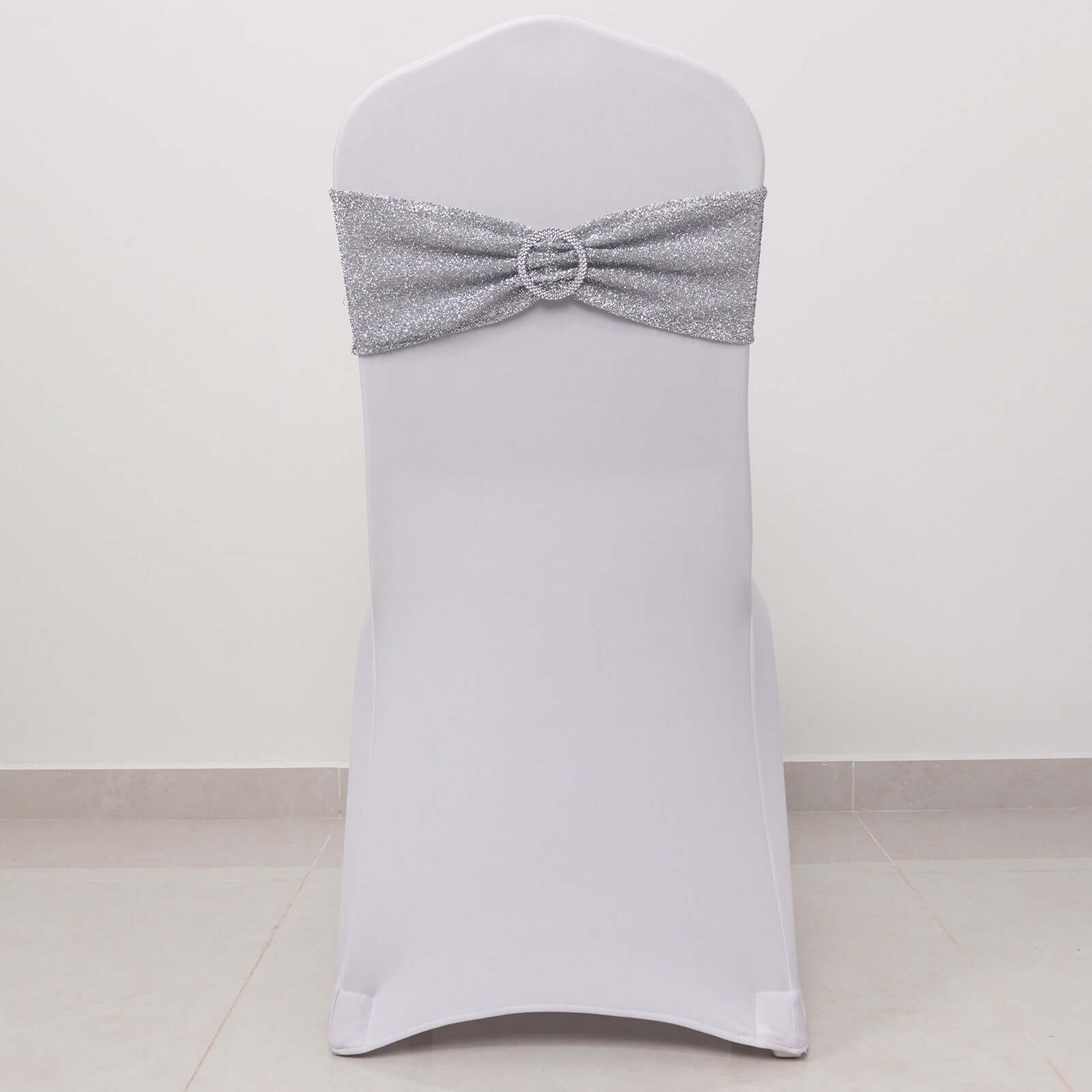 5 Pack Chair Sashes Shimmer Tinsel Spandex 5"x12" with Silver Rhinestone Buckles Silver - Stylish Decor for Weddings