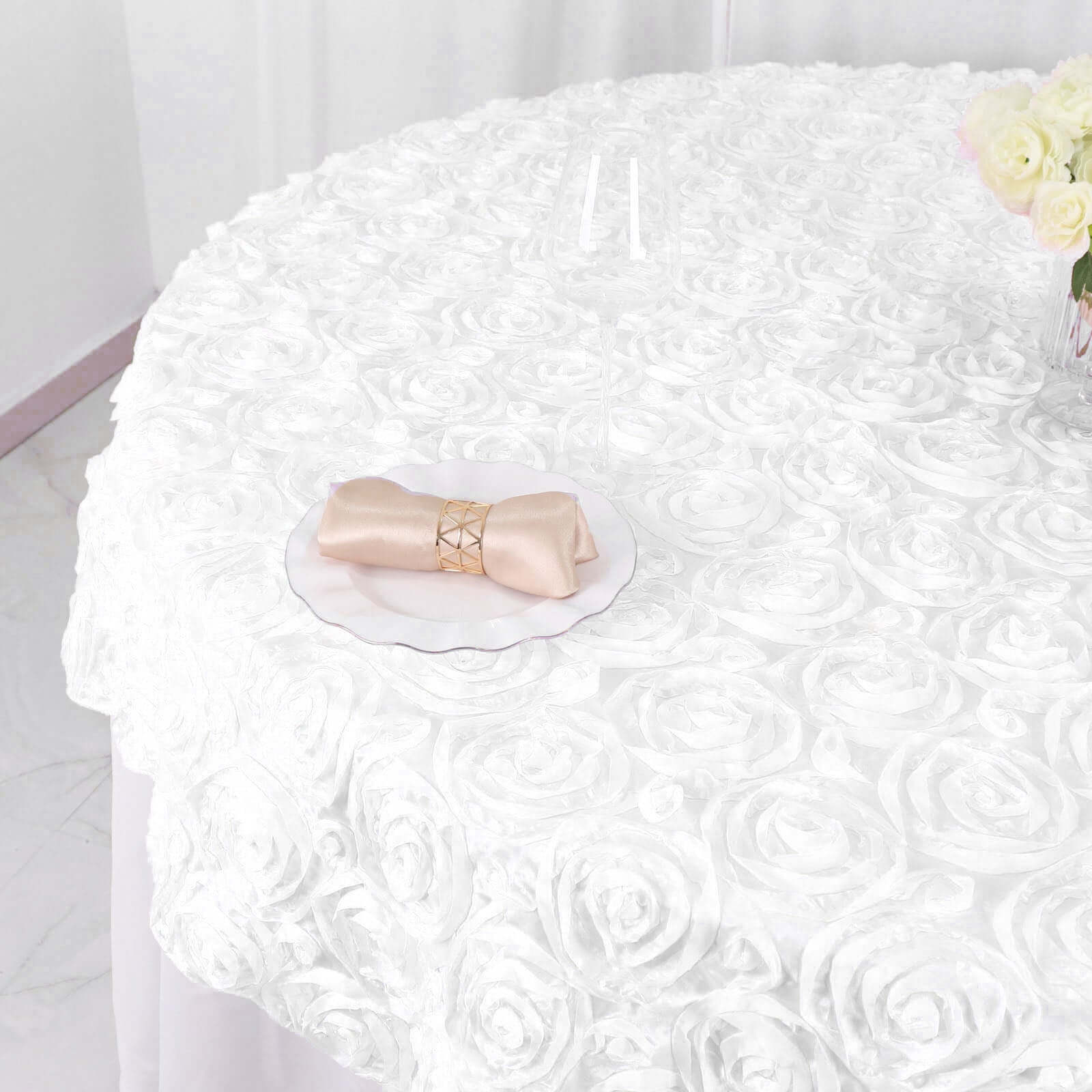 Satin 72"x72" Table Overlay Square Tablecloth White - 3D Rosette Design for Stylish Occasions