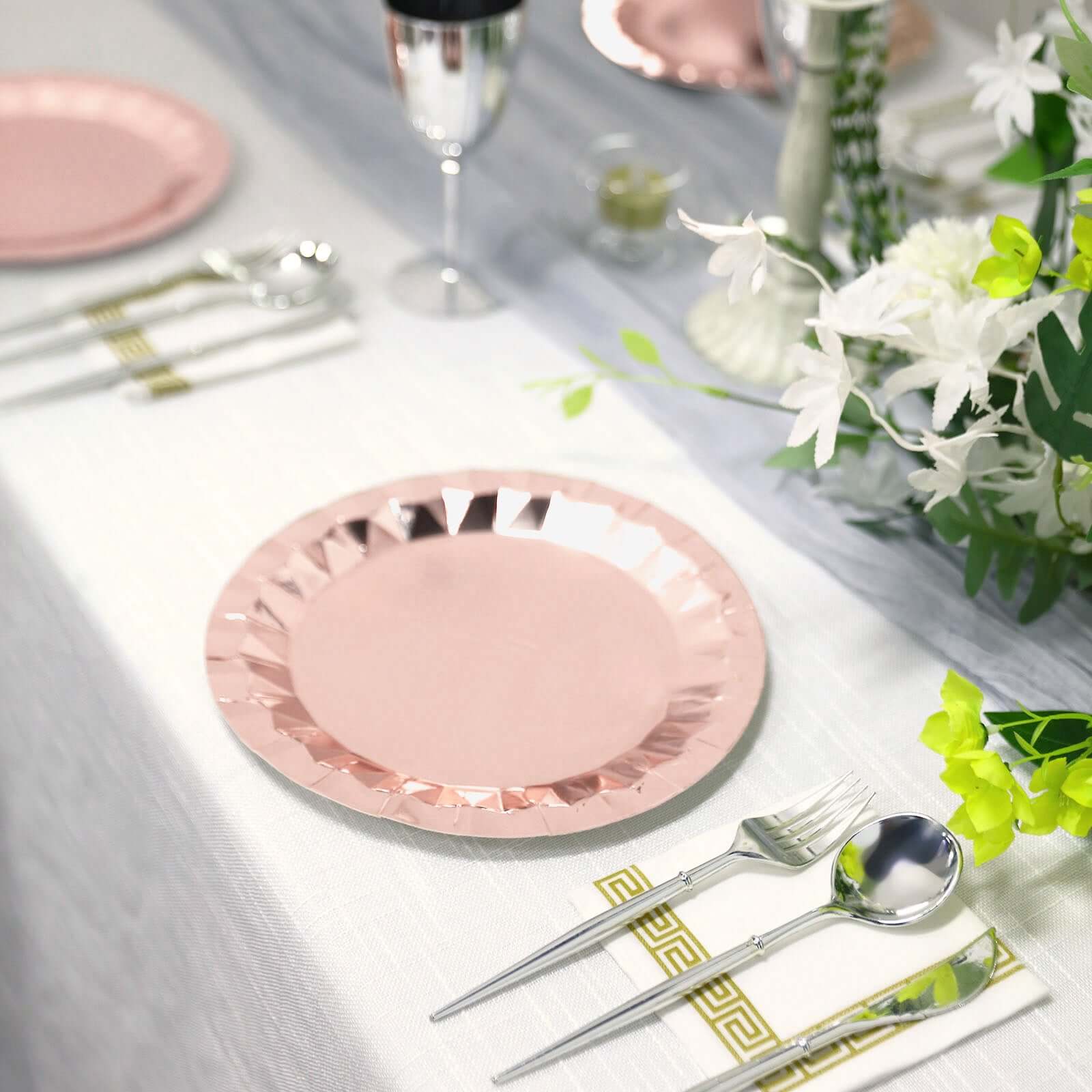 25-Pack Paper 9" Round Dinner Plates in Metallic Rose Gold with Geometric Prism Rim - Disposable 400GSM Party Plates