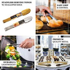 10-Pack Metal Serving Tongs Gold - Stainless Steel Food Safe Kitchen Tongs with Scalloped Gripping Edge for Indoor & Outdoor Gatherings 9.5"