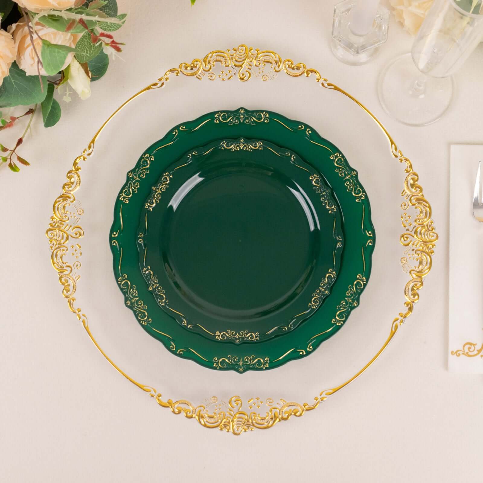 10-Pack Plastic 7" Round Dessert Plates in Hunter Emerald Green with Gold Vintage Embossed Rim - Sturdy Disposable Scalloped Edge Salad Plates
