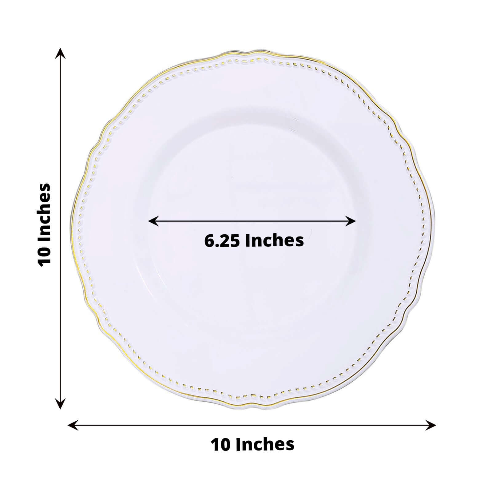 10-Pack Plastic 10" Dinner Plates in White with Gold Scalloped Rim - Disposable Large Party Plates for Upscale Events & Banquets