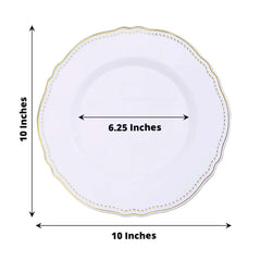 10-Pack Plastic 10" Dinner Plates in White with Gold Scalloped Rim - Disposable Large Party Plates for Upscale Events & Banquets