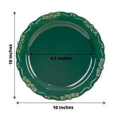 10-Pack Plastic 10" Round Dinner Plates in Hunter Emerald Green with Gold Vintage Embossed Rim - Sturdy Disposable Scalloped Edge Party Plates