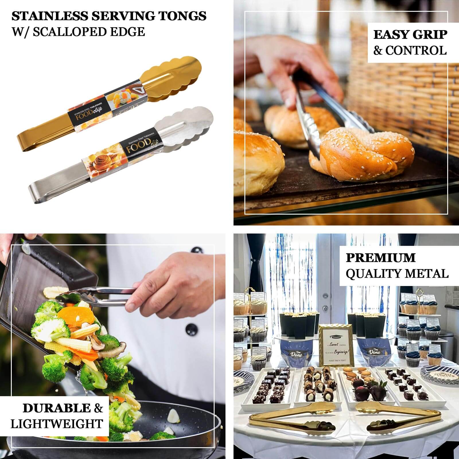 10-Pack Metal Serving Tongs Silver - Stainless Steel Food Safe Kitchen Tongs with Scalloped Gripping Edge for Indoor & Outdoor Gatherings 9.5"