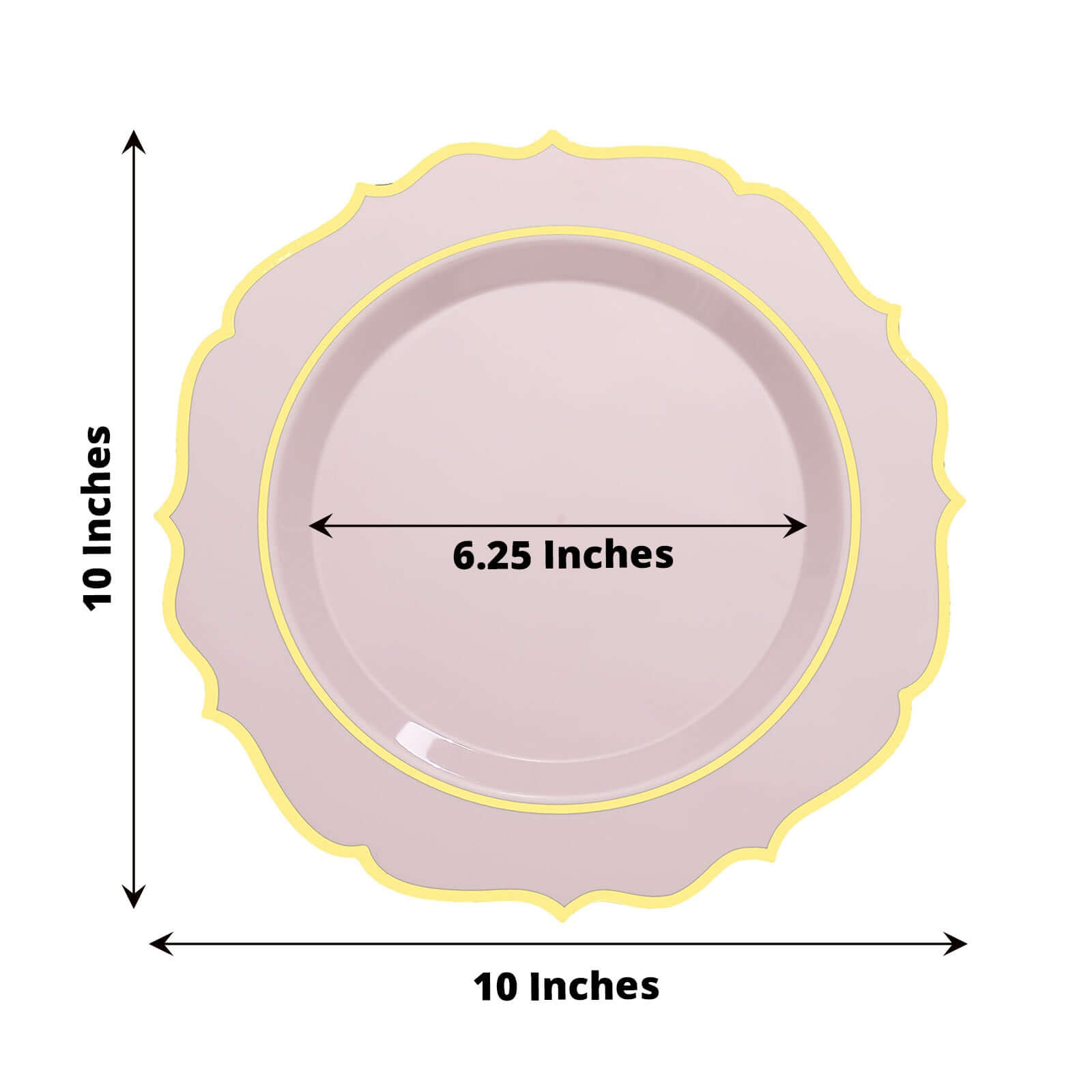 10-Pack Plastic 10" Round Dinner Plates in Blush with Gold Scalloped Rim - Disposable Party Plates