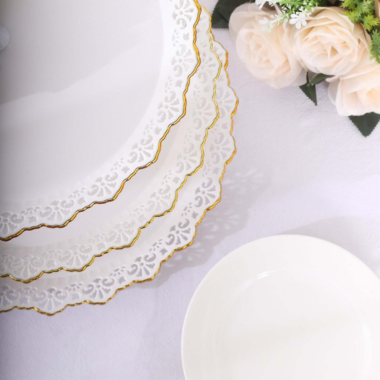 3-Tier Plastic Round Cupcake Stand 15" White with Lace Gold Rim Scalloped Edges