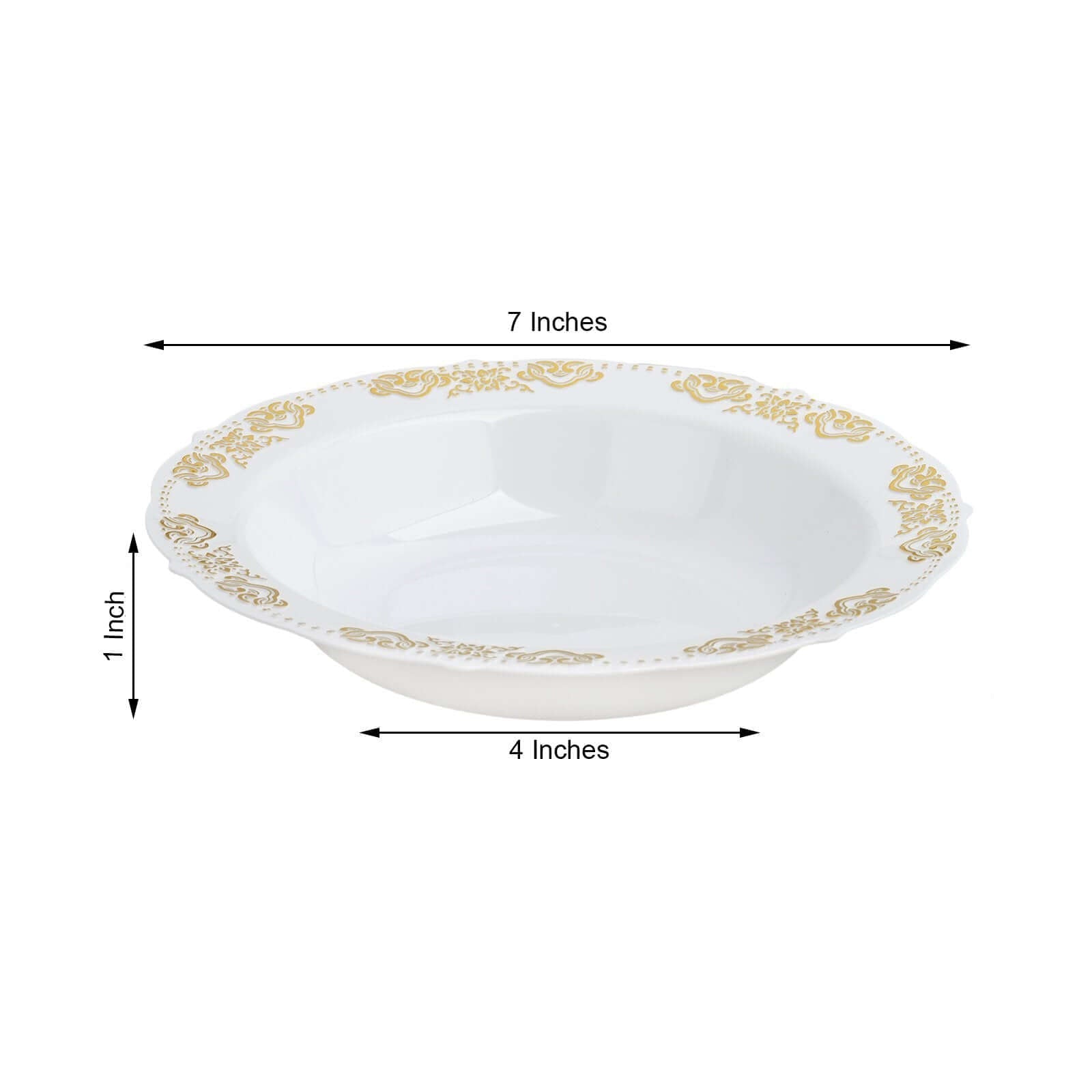 10-Pack Plastic Round Soup Bowl in White with Gold Embossed Scalloped Rim - Sturdy Disposable Salad Dessert Bowls for Catering & Events 12oz