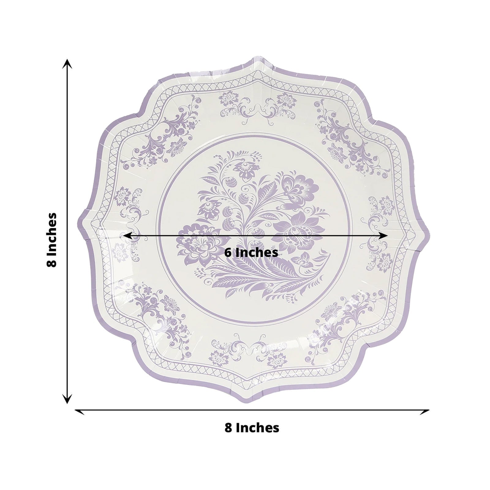 25-Pack Paper Dessert Plates in White with Lavender Lilac Damask Floral Print & Scallop Rim - Stylish Disposable 300GSM Floral Salad Appetizer Plates 8"