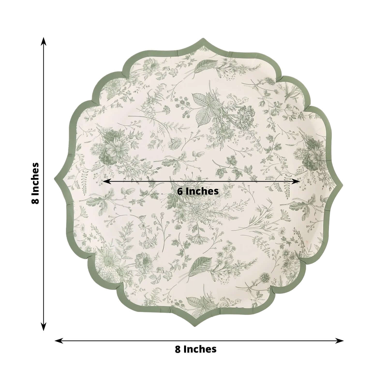 25-Pack Paper 8" Dessert Plates in White with Sage Green French Toile Design & Scalloped Rim - Disposable 300GSM Salad Appetizer Plates for Stylish Table Decor