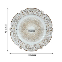 6-Pack Acrylic Round Charger Plates 13" in Antique White Floral Embossed with Scalloped Rim, Plastic Decorative Charger Tableware