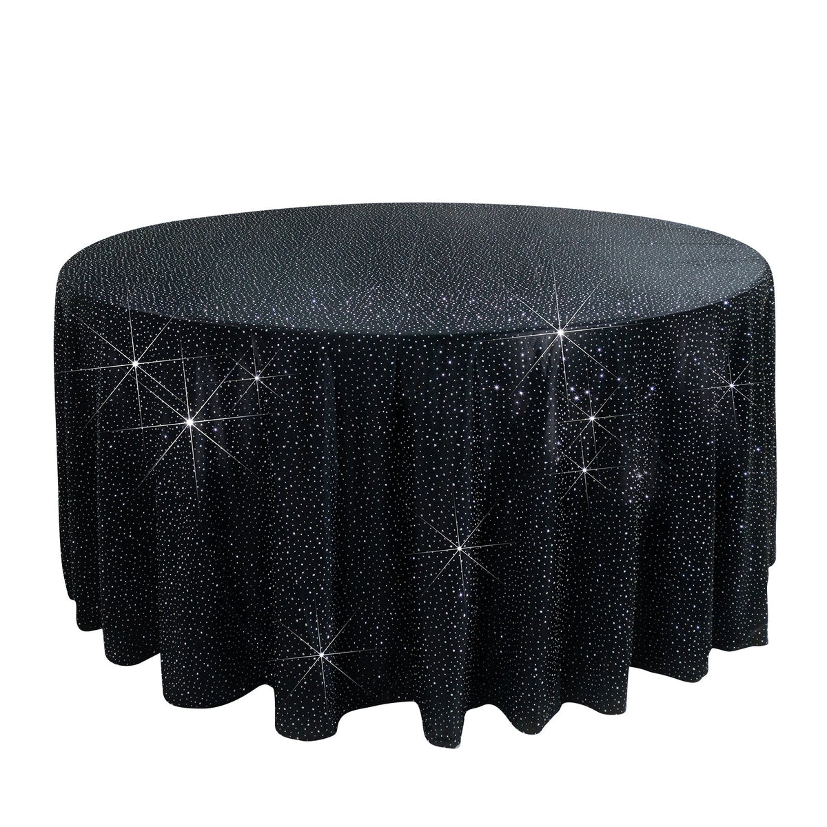 Scuba Round Tablecloth 120″ Black with Rhinestone Accents – Seamless, Wrinkle-Free, Stain-Resistant Event Linen