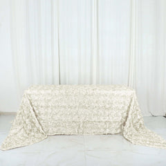 Satin 90"x156" Rectangle Tablecloth Ivory - Grandiose 3D Rosette Table Cover with Seamless Finish