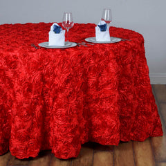 Satin 132" Round Tablecloth Red - Seamless Grandiose 3D Rosette Table Cover