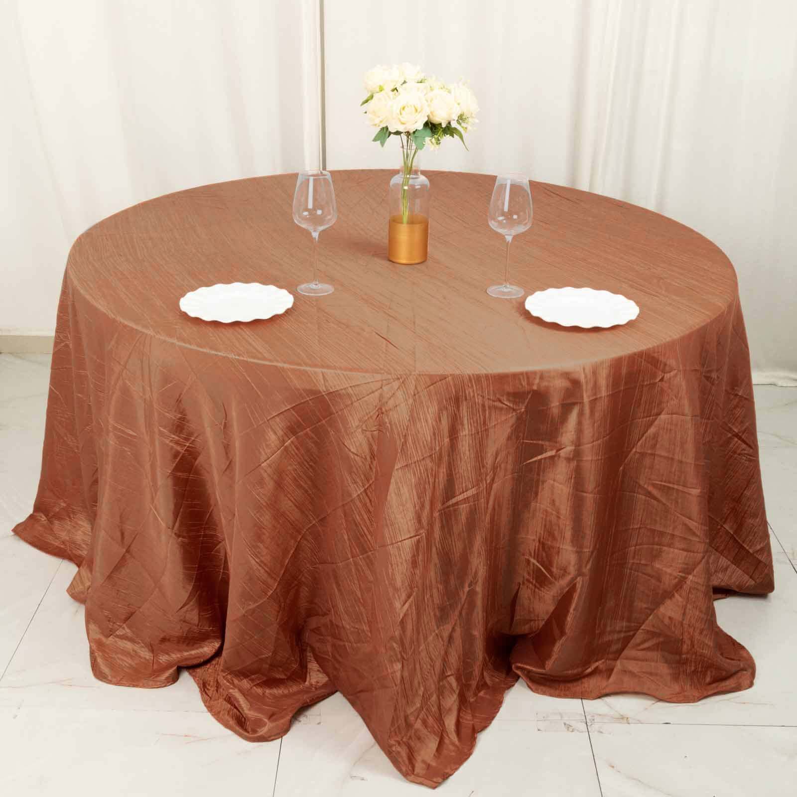 Taffeta 132" Round Tablecloth Terracotta (Rust) - Seamless Accordion Crinkle Table Cover