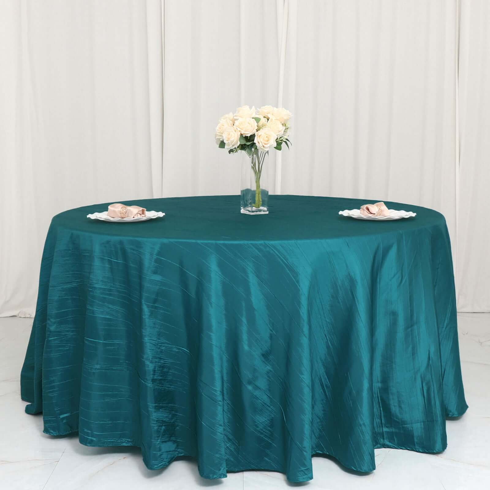 Taffeta 120" Round Tablecloth Teal - Seamless Accordion Crinkle Table Cover