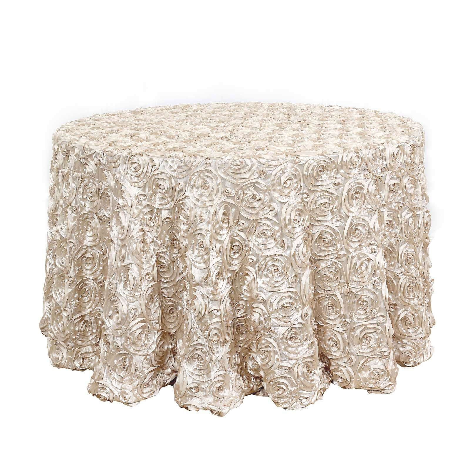 Satin 120" Round Tablecloth Beige - Grandiose 3D Rosette with Seamless Finish Table Cover