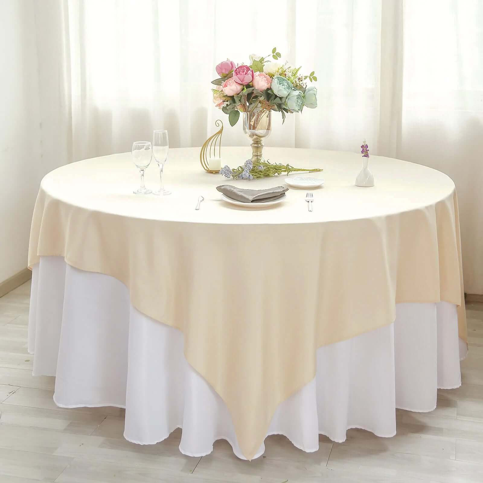 Polyester 90"x90" Table Overlay Square Tablecloth Beige - Wrinkle-Resistant & Durable Table Cover