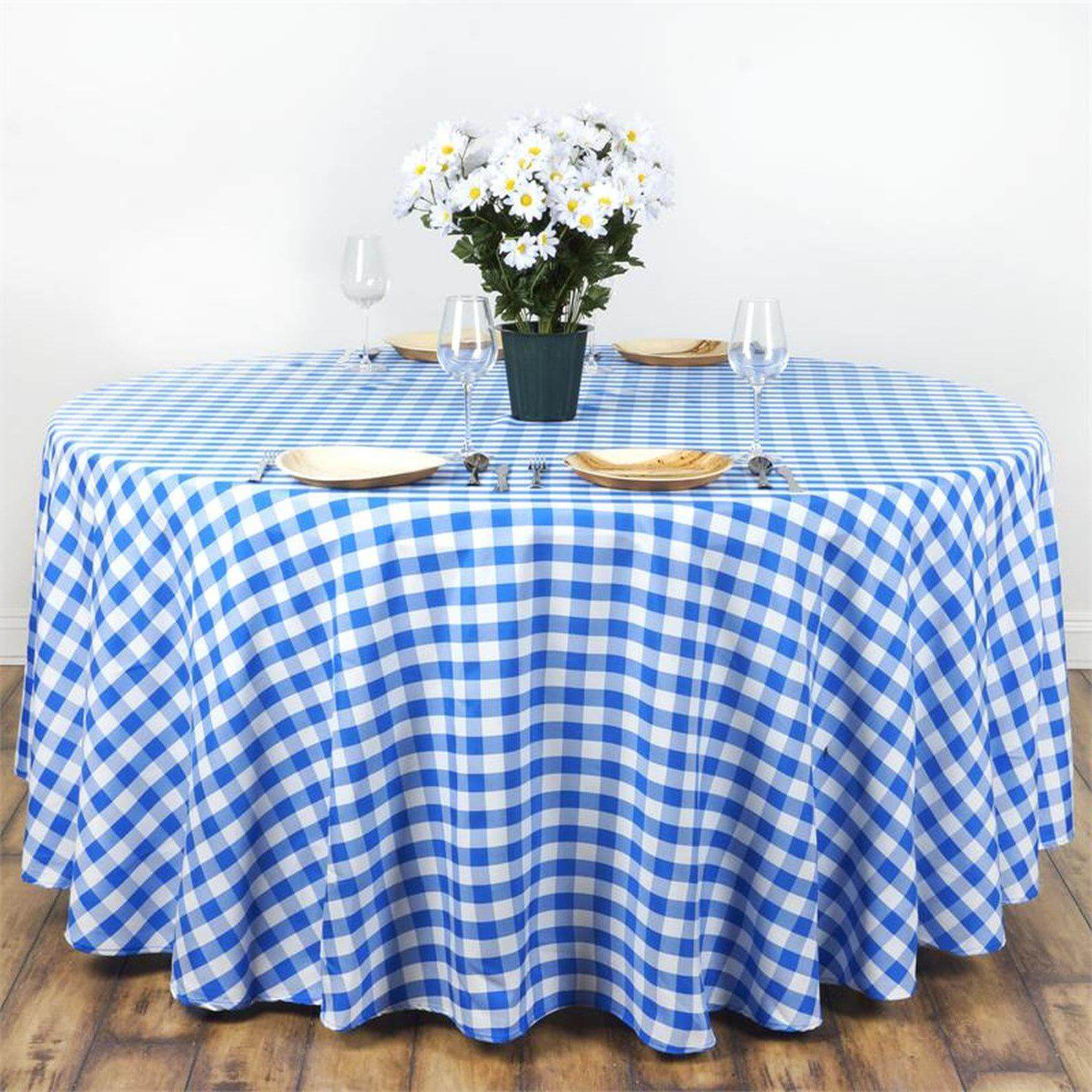 Polyester 120" Round Tablecloth White/Blue Seamless - Checkered Buffalo Plaid Table Cover
