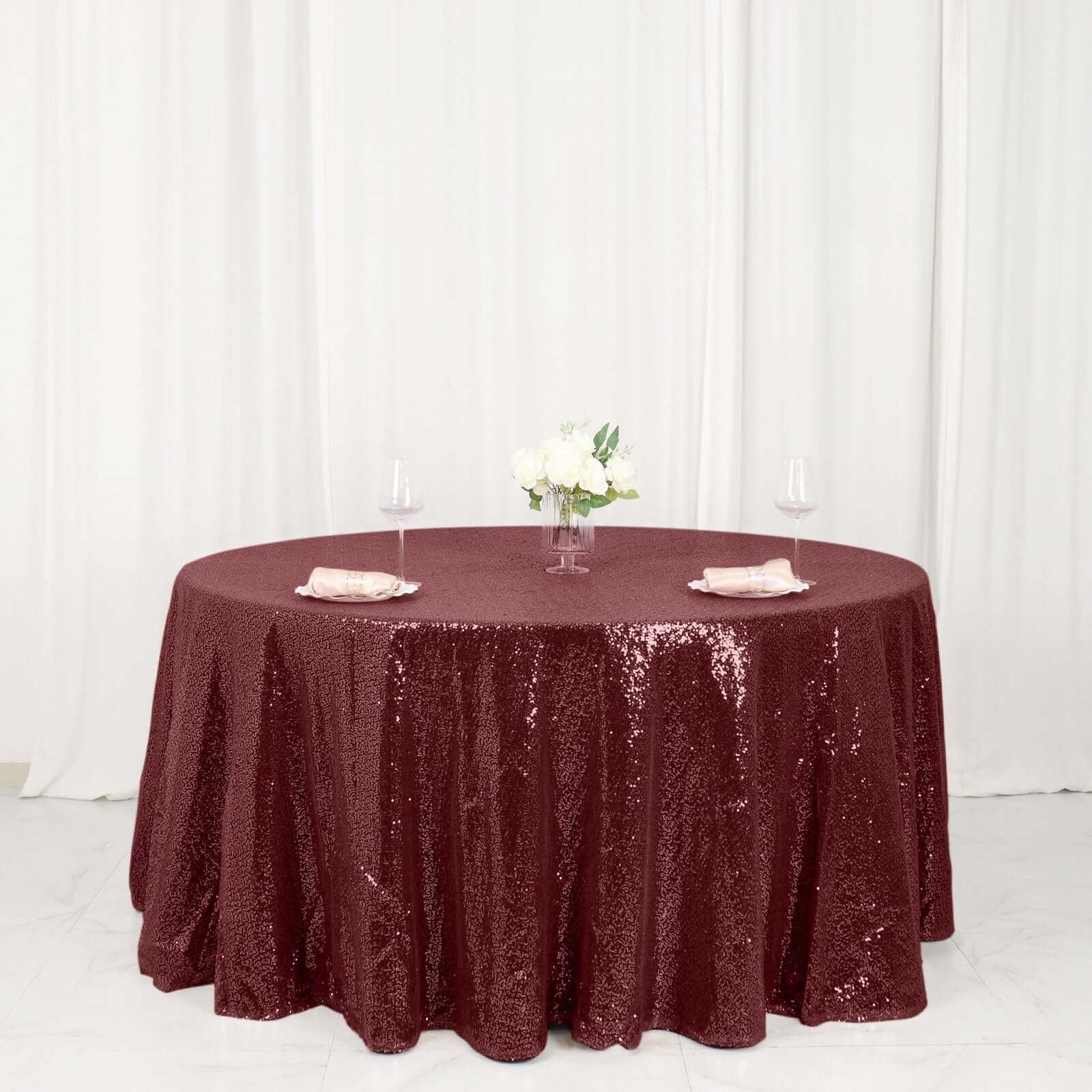 Sequin 120" Round Tablecloth Burgundy - Seamless Glittering Table Cover