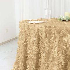 Taffeta 132" Round Tablecloth Champagne | 3D Leaf Petal Design Seamless Table Cover