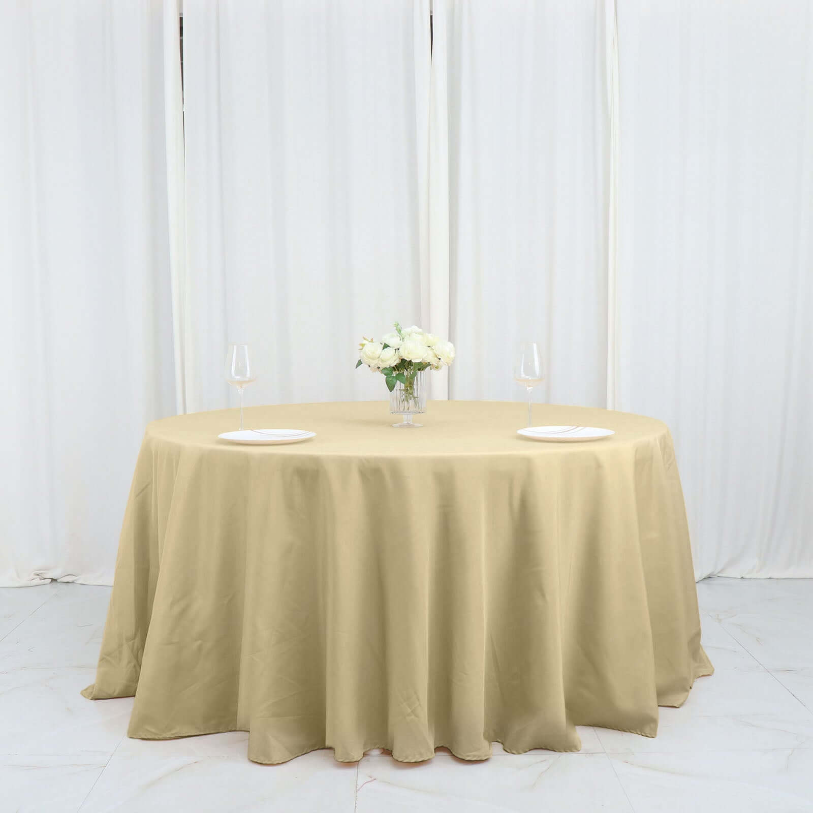 Polyester 132" Round Tablecloth Champagne - Seamless Chic Table Cover