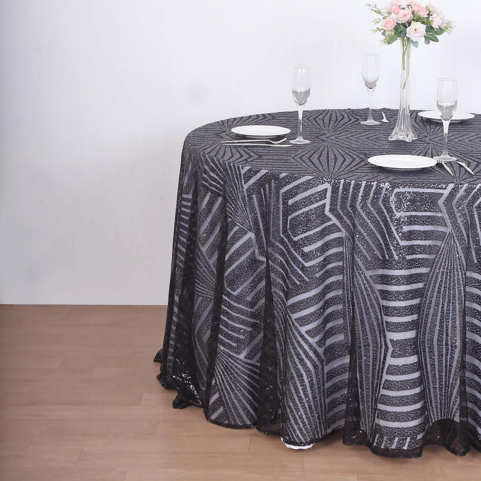 Sequin 120" Round Tablecloth Black - Seamless Diamond Glitz Table Cover