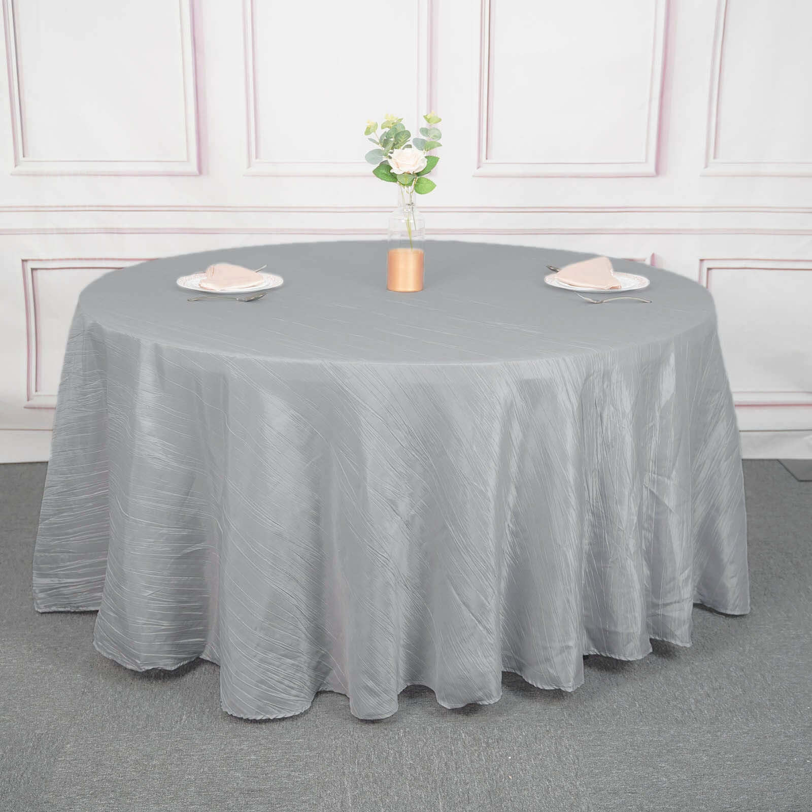 Taffeta 120" Round Tablecloth Silver - Seamless Accordion Crinkle Table Cover