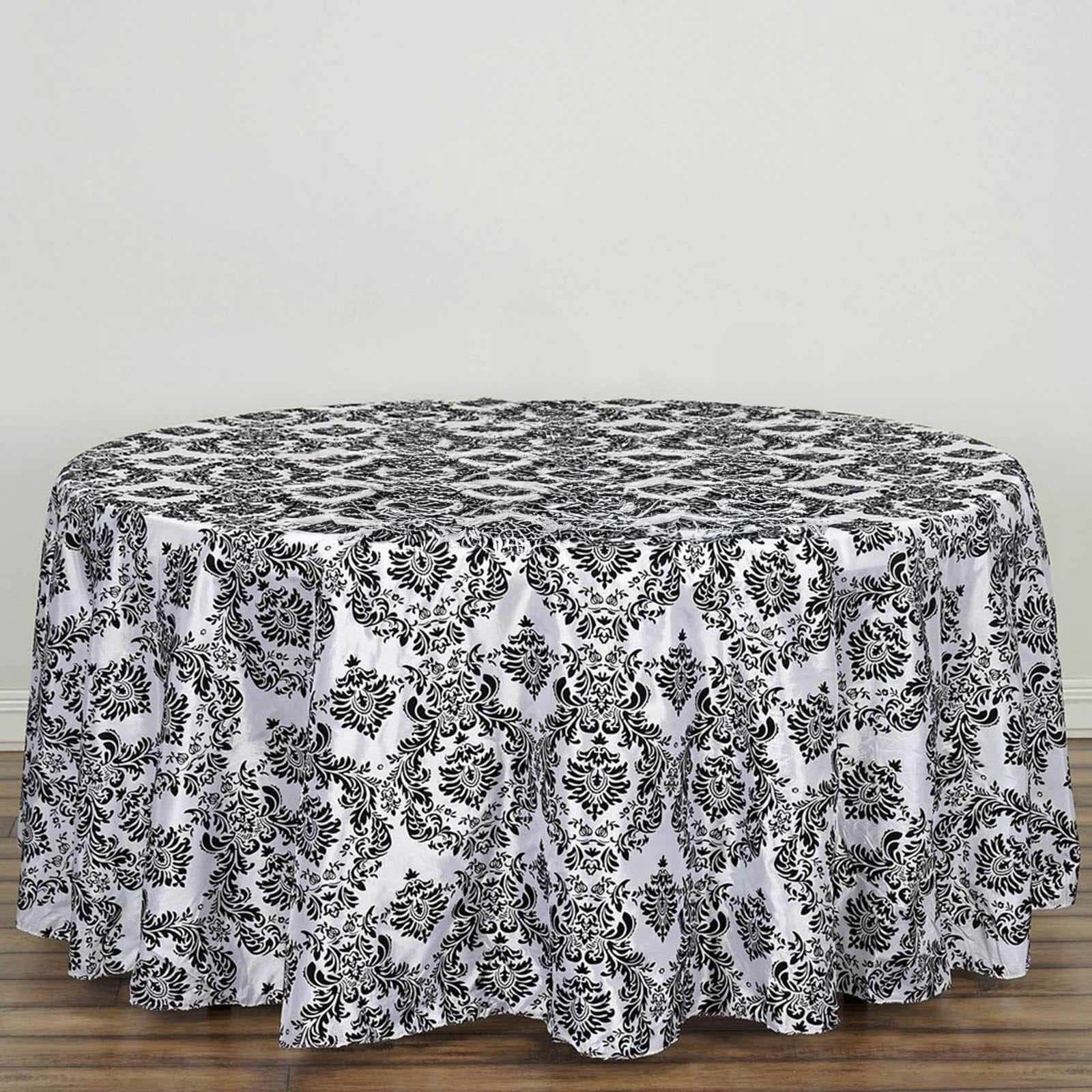 Taffeta 120" Round Tablecloth Black - Seamless Velvet Flocking Damask Design for Sophisticated Gatherings