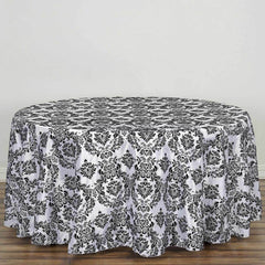 Taffeta 120" Round Tablecloth Black - Seamless Velvet Flocking Damask Design for Sophisticated Gatherings