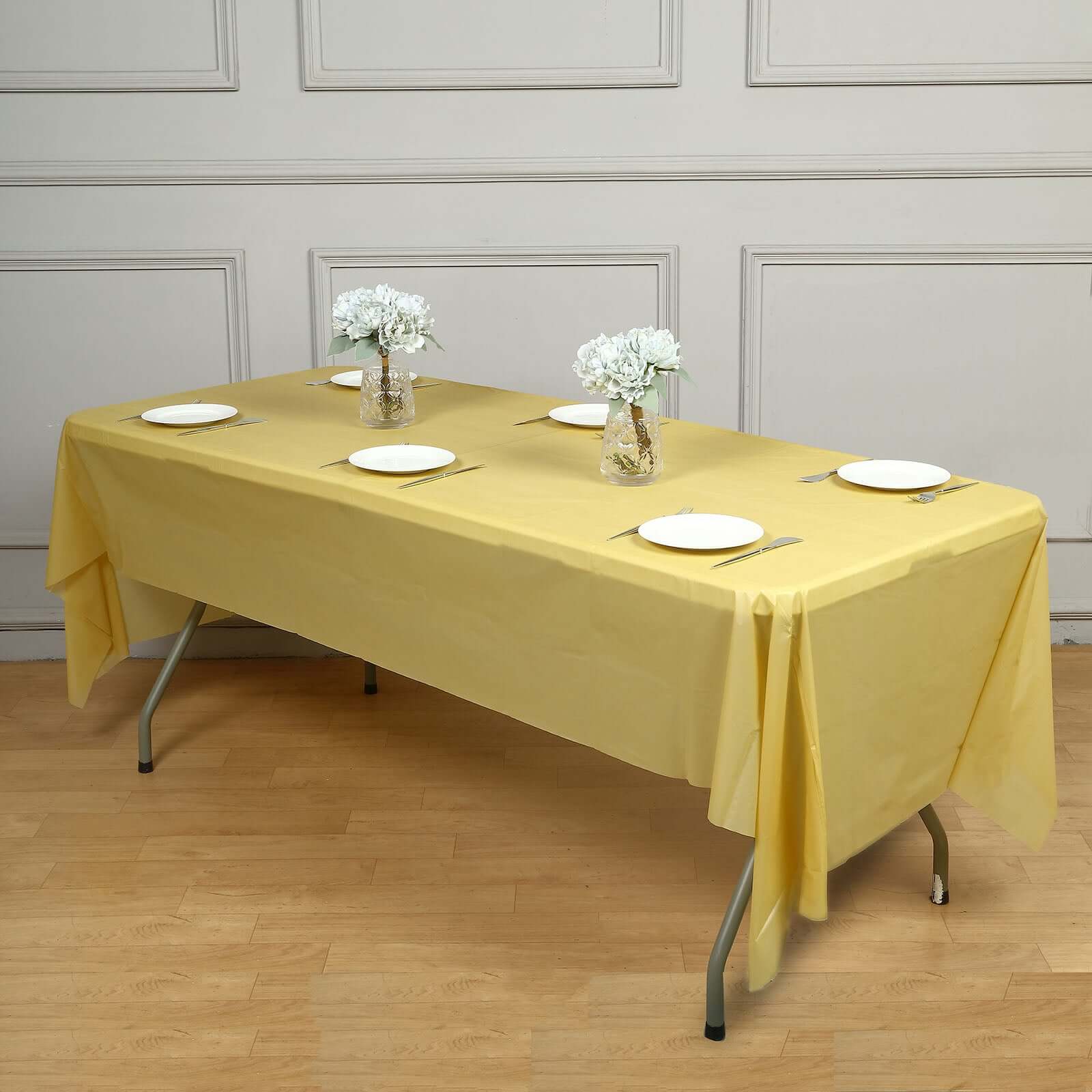 5-Pack Plastic Table Covers Gold Rectangle - Reliable PVC Disposable Covers for Gatherings 54"x108"