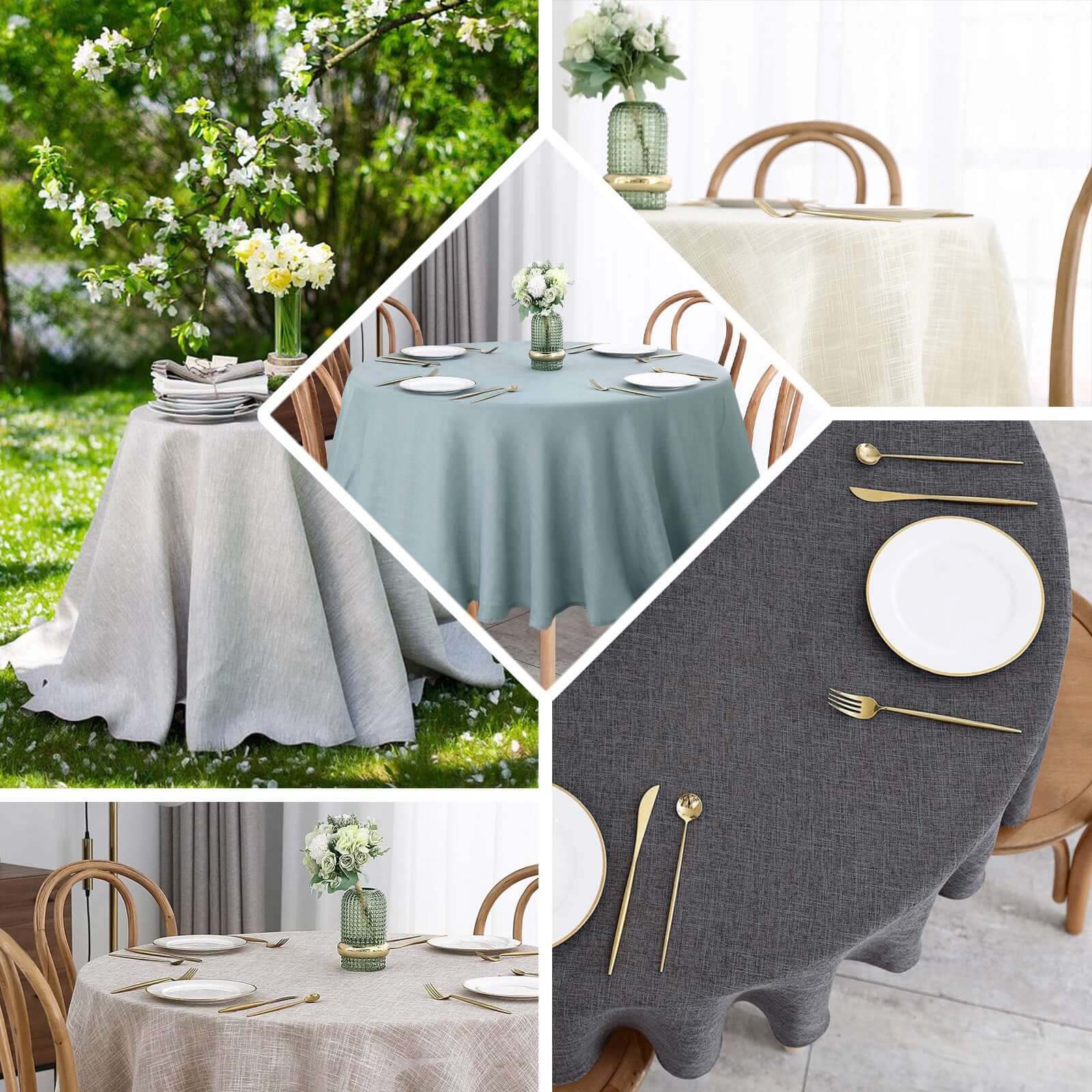 Faux Linen 120" Round Tablecloth Dusty Blue - Slubby Texture Wrinkle-Resistant Seamless Table Cover