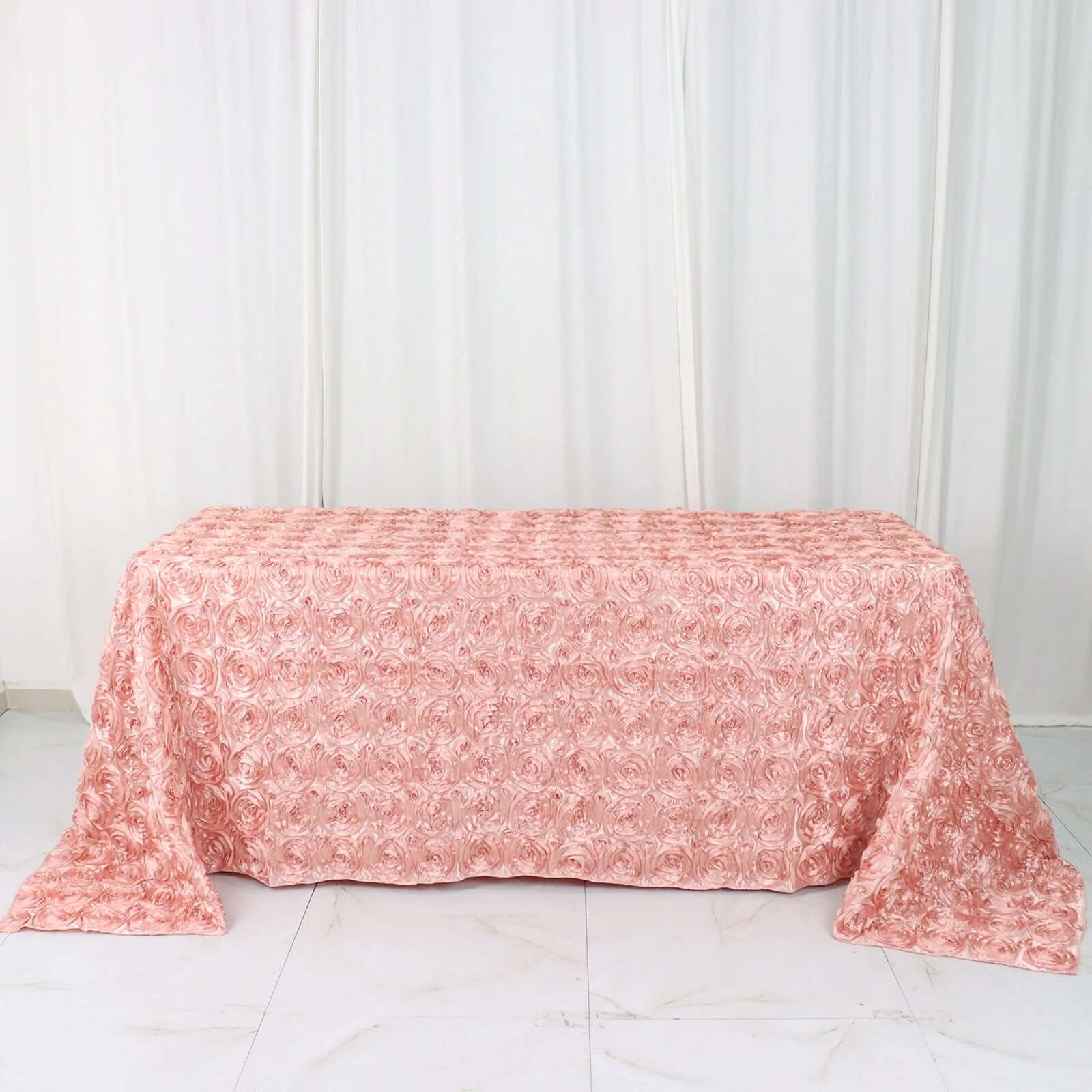Satin 90"x132" Rectangle Tablecloth Dusty Rose - Grandiose 3D Rosette Seamless Table Cover
