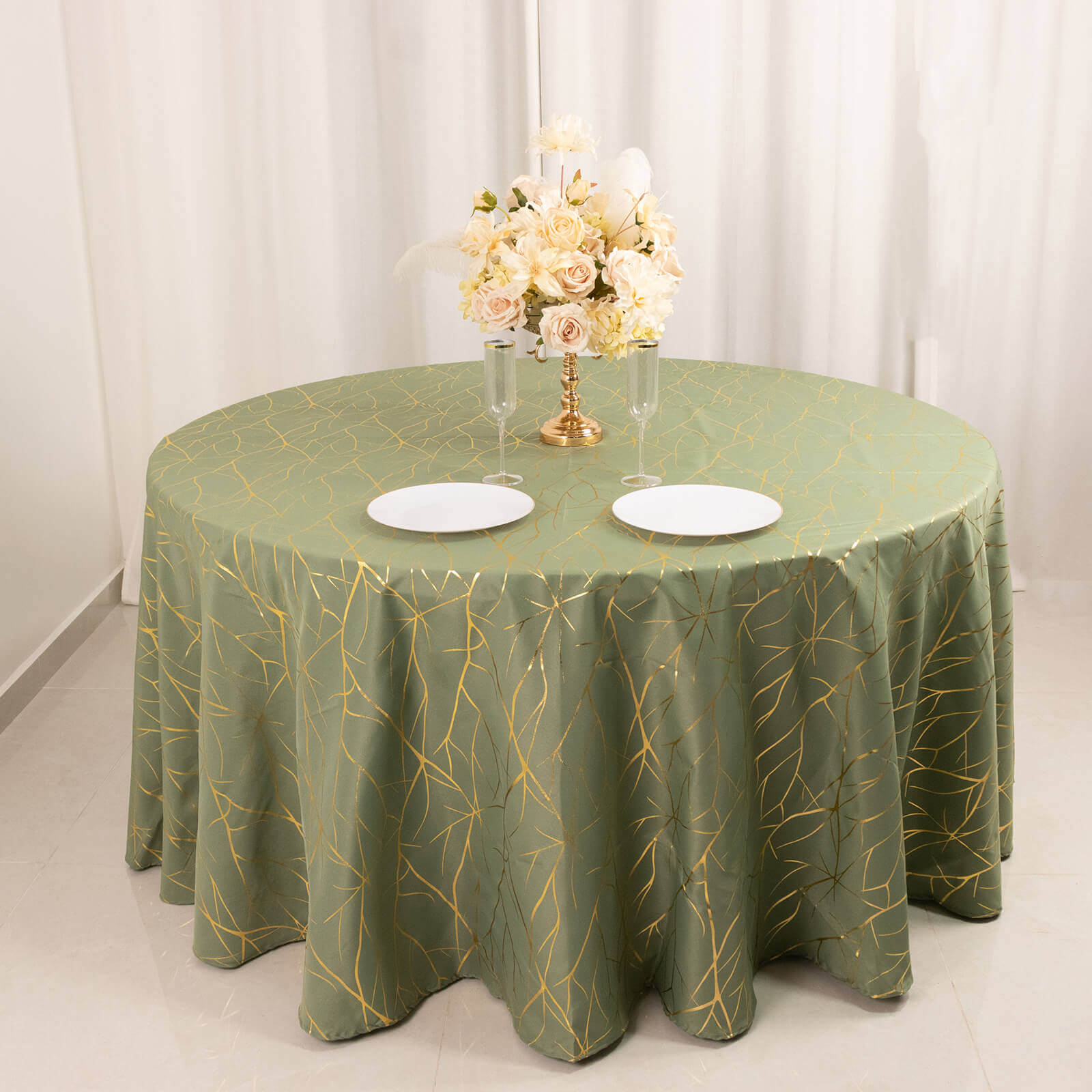 Polyester 120" Round Tablecloth Dusty Sage Green with Gold Foil Tree Branch Pattern - Wrinkle-Resistant Seamless Table Cover for Classy Events