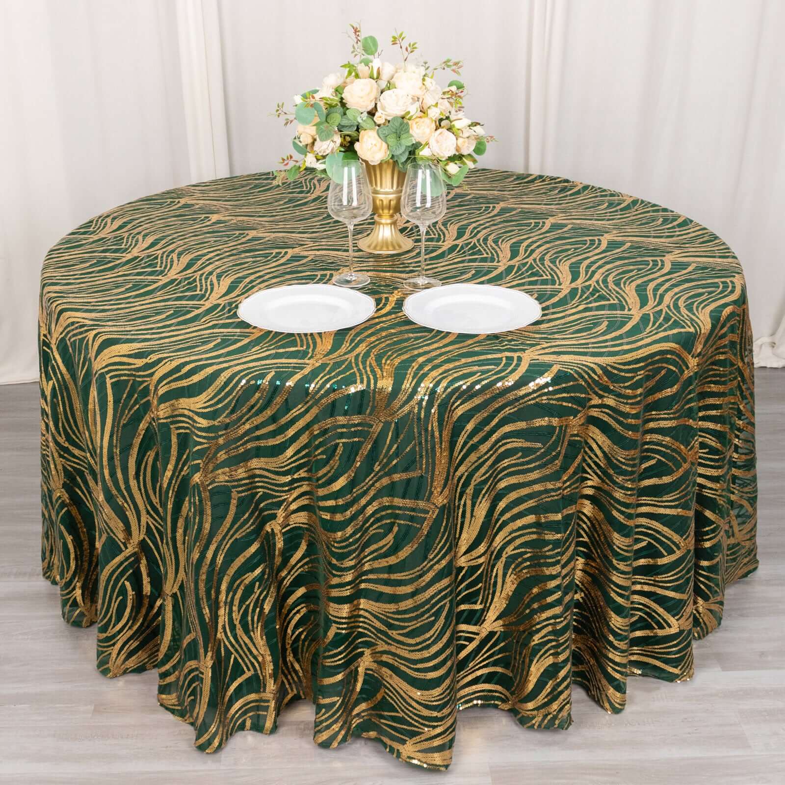 Sequin Mesh 120" Round Tablecloth Hunter Emerald Green/Gold - Seamless Wave Embroidered Table Cover
