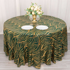Sequin Mesh 120" Round Tablecloth Hunter Emerald Green/Gold - Seamless Wave Embroidered Table Cover