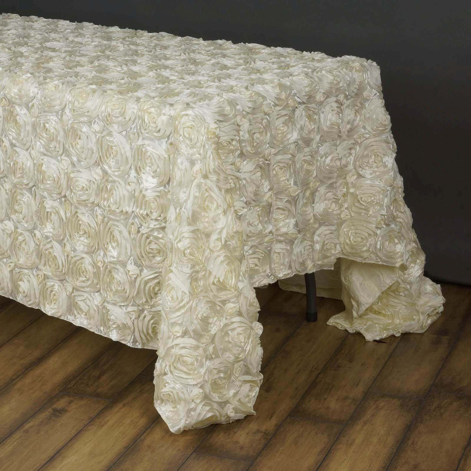 Satin 90"x156" Rectangle Tablecloth Ivory - Grandiose 3D Rosette Table Cover with Seamless Finish