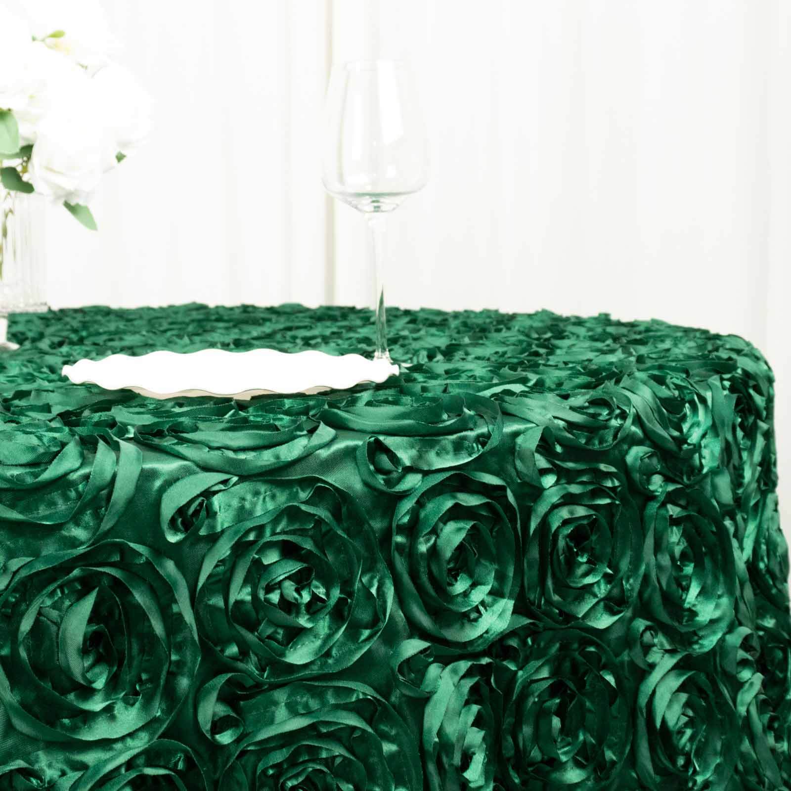 Satin 120" Round Tablecloth Hunter Emerald Green - Grandiose 3D Rosette with Seamless Finish Table Cover