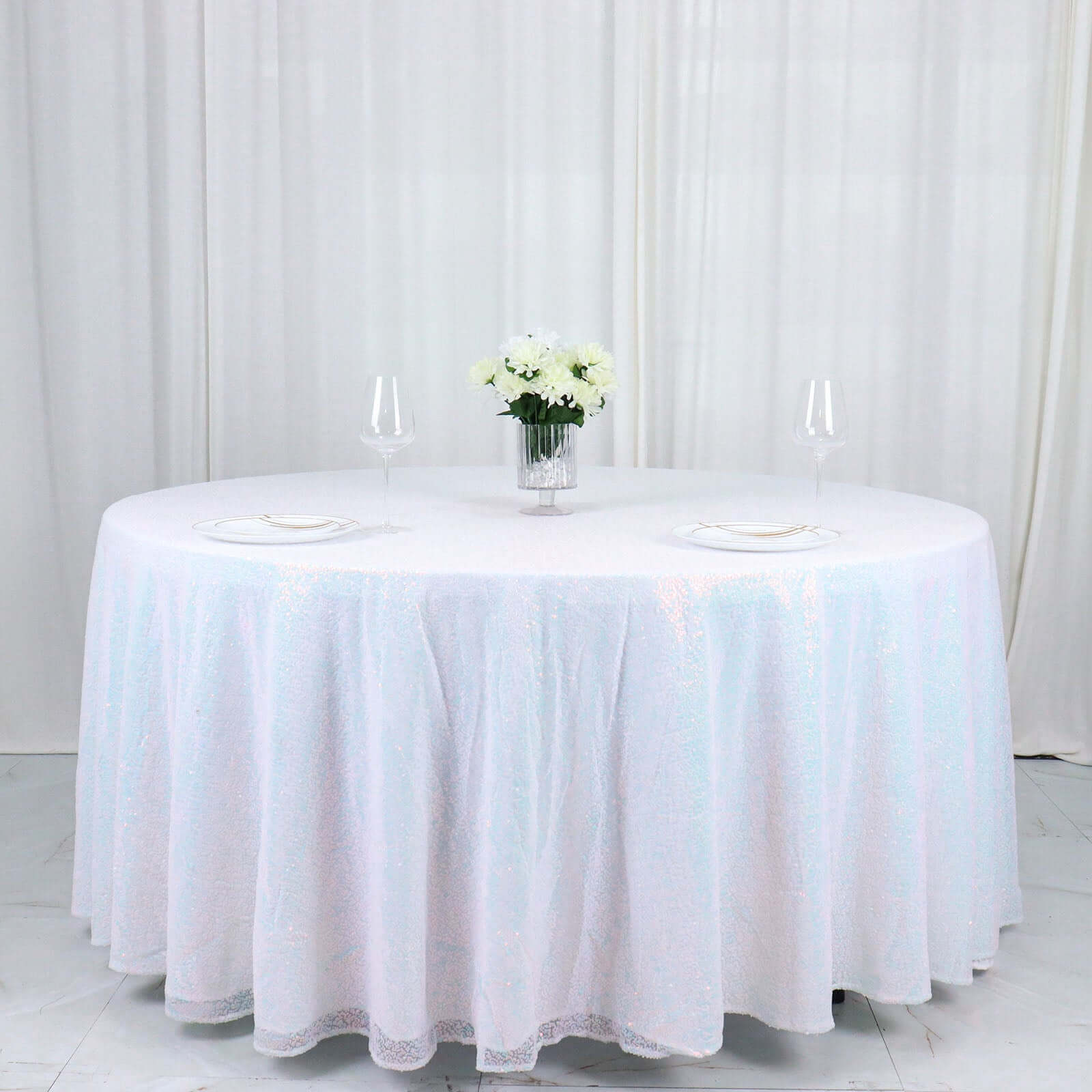 Sequin 120" Round Tablecloth Iridescent Blue - Seamless Glittering Table Cover