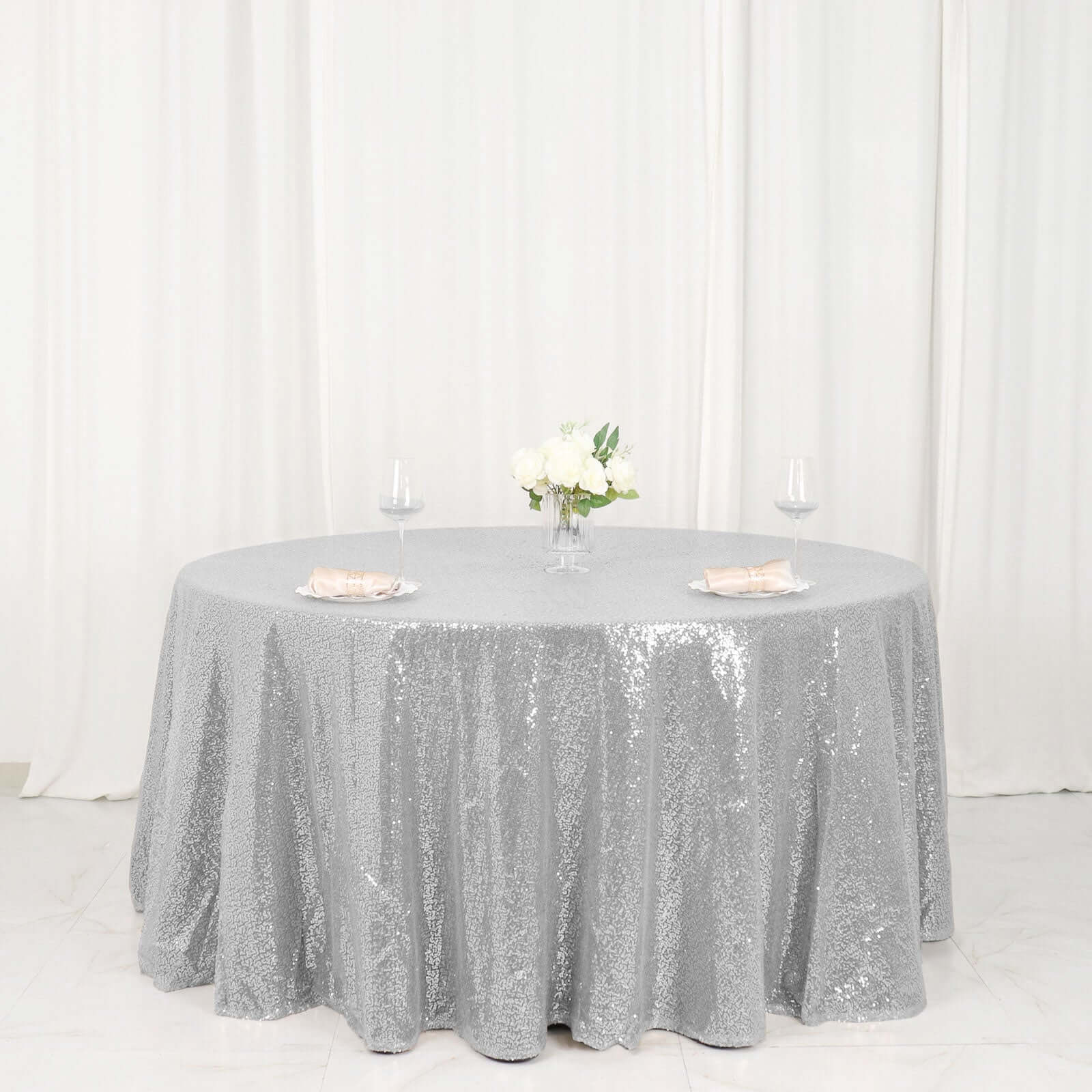 Sequin 120" Round Tablecloth Silver - Seamless Glittering Table Cover