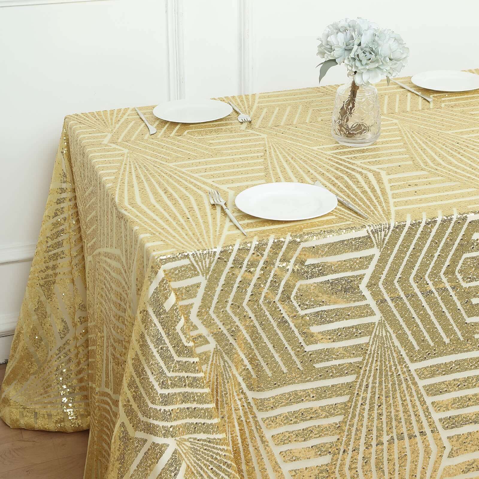 Sequin 90"x132" Rectangle Tablecloth Gold - Seamless Diamond Design for Upscale Events