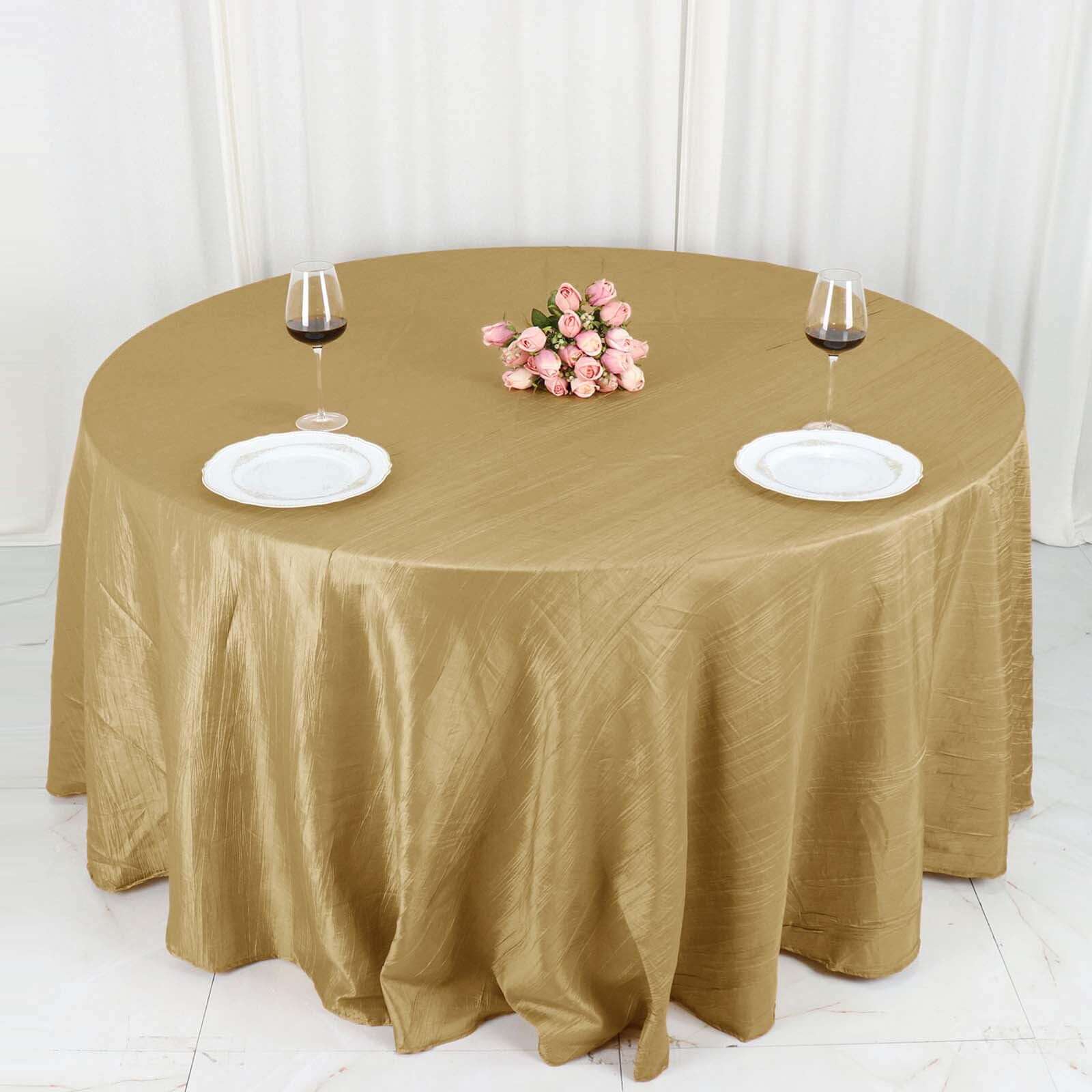 Taffeta 132" Round Tablecloth Gold - Seamless Accordion Crinkle Design for Exquisite Occasions